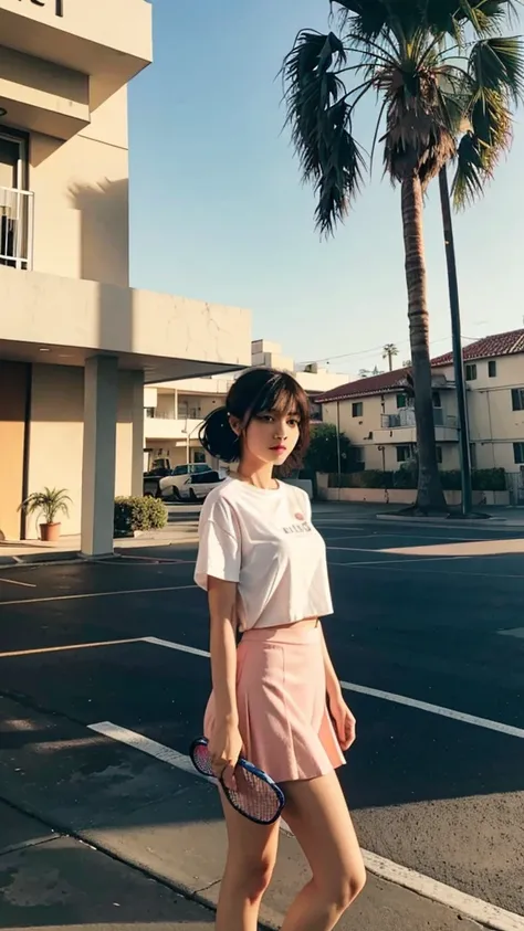 (best quality), (masterpiece), (photorealisti), 1girl, dramatic lighting, (wear white blank over size t-shirt),(peach color tennis skirt),black bob hairstyles, ((background 80s architecture colourful motel)),sunny,summer, palm trees, los Angles vibes