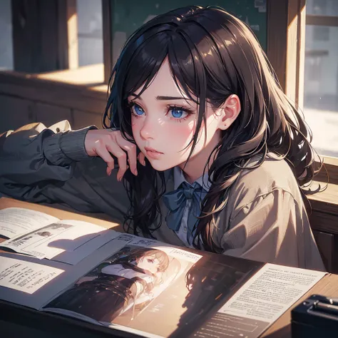 a sad girl sitting at a school desk, beautiful detailed eyes, beautiful detailed lips, extremely detailed eyes and face, long eyelashes, , melancholy expression, dramatic lighting, moody atmosphere, muted color palette, oil painting, cinematic composition,...