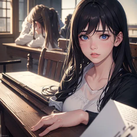 a sad girl sitting at a school desk, beautiful detailed eyes, beautiful detailed lips, extremely detailed eyes and face, long eyelashes, , melancholy expression, dramatic lighting, moody atmosphere, muted color palette, oil painting, cinematic composition,...