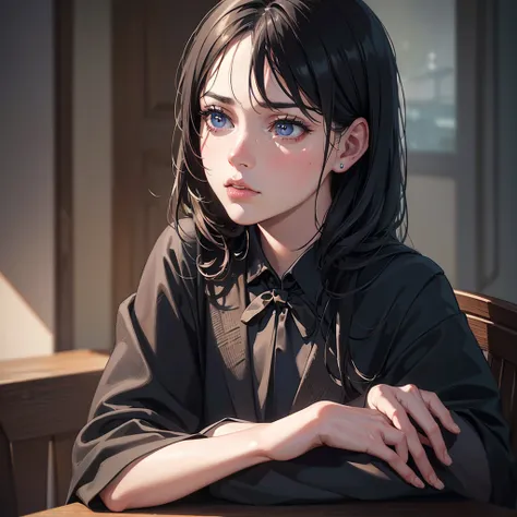 a sad girl sitting at a school desk, beautiful detailed eyes, beautiful detailed lips, extremely detailed eyes and face, long eyelashes, , melancholy expression, dramatic lighting, moody atmosphere, muted color palette, oil painting, cinematic composition,...