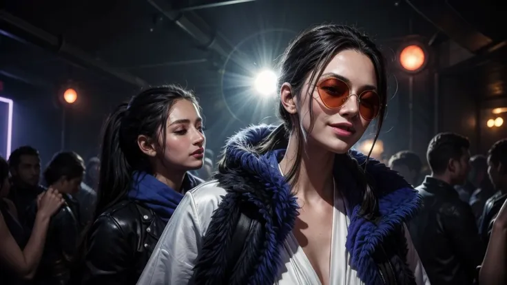 masterpiece, best quality, extremely detailed, hyperrealistic:1.1, photorealistic, a beautiful 20s russian model, ultra detailed face:1.1, sunglasses on head:1.1, blue fur shawl, white dress, high ponytail, black hair, at nightclub:1.2, nightclub light:1.1...