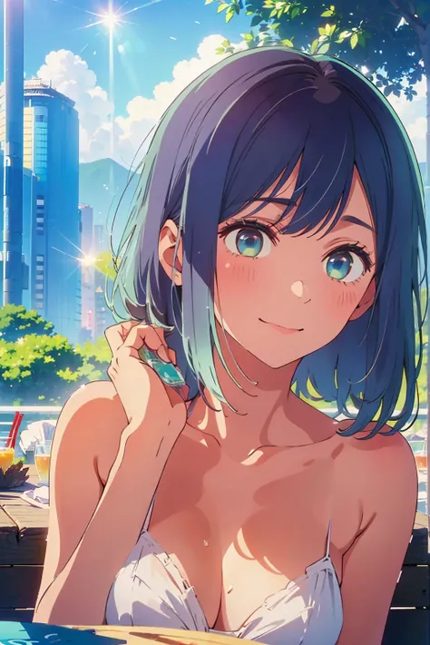 highest quality,8k,detailed,F cup bust、Big Breasts、Very cute face、Slim and beautiful arms、Slim body、Very white beautiful skin、((((1 person、looking at the camera、smile、Thin white bikini、smile、sit、In the background are the urban buildings of Tokyo、Outdoor ca...