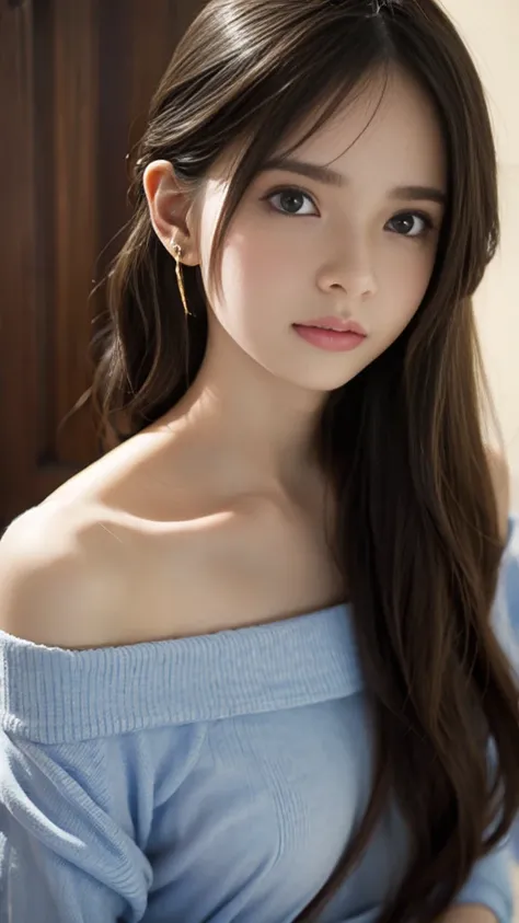 landscape、Image looking from the chest up:1.6)、Close-up portrait of a woman wearing a brown off-shoulder top and earrings, Soft portrait shots 8 k, Cute and delicate face, High-quality 4K portraits, High quality portrait, Soft and flawless pale skin, 8k hi...