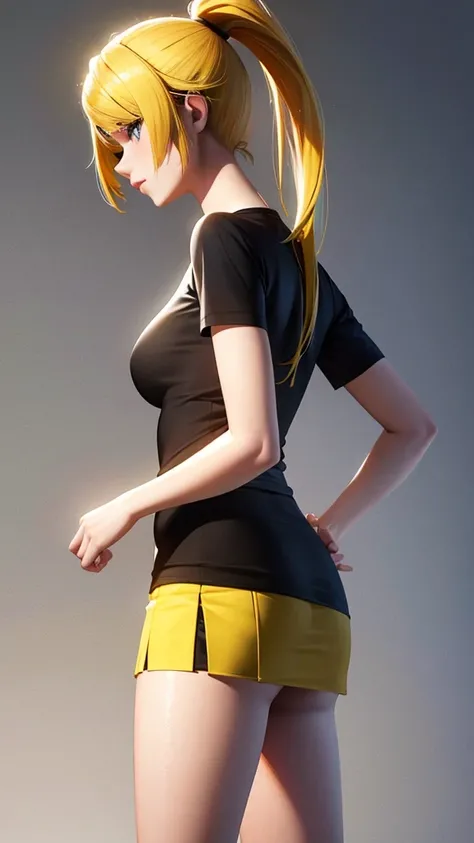 Beautiful girl in a short skirt with yellow hair in a ponytail on both sides, wallpaper. 3D