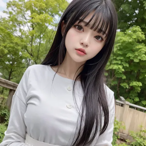 (masterpiece, highest quality),1 girl, alone, have, Realistic, Realistic, Looking at the audience, Light-coloured black eyes, Medium Hair, Japanese , Whity, lips, bangs, Outdoor, Mouth closed, Upper Body、Big eyes、eyelash、((There&#39;There&#39;There&#39;The...