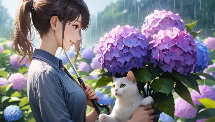 rain,hydrangea park, cute casual clothes, holding an umbrella,holding a cat,blur the background,high school girls,ponytail,smile...