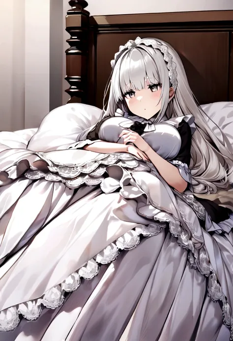 Gray Hair，Long white hair，Lolita Skirt，Rest in bed