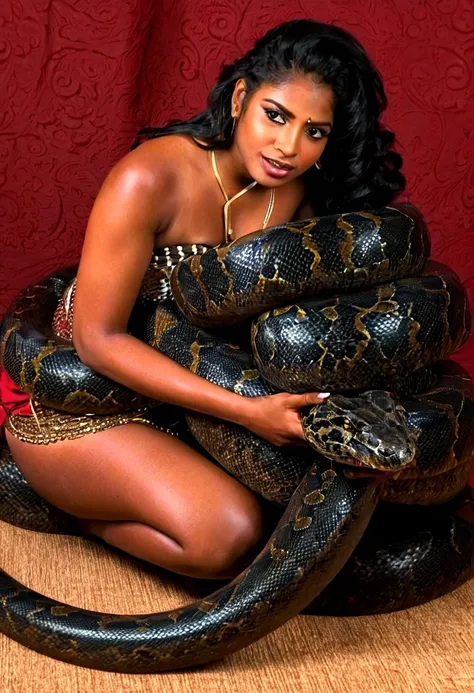  Happy Horny, aroused 1girl), beautiful kneeling indian thick young teen girl  with  giant colossal black titanboa squeezing her hard, wrapped in thick spiraling coils, constricted, struggle, gasping for air, snake attack, snake peril, moonless night, dim ...