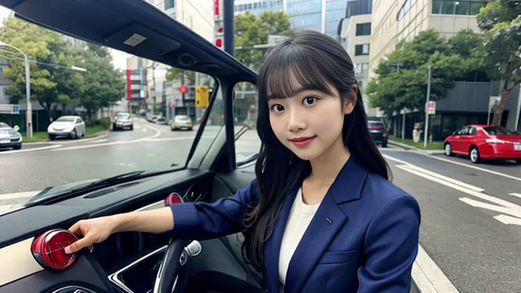 a japanese woman wearing a navy blue jacket sitting in a car、keep your hands on the handlebars、with an elegant smile、beautiful 2...