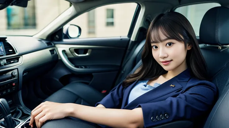 a japanese woman wearing a navy blue jacket sitting in a car、keep your hands on the handlebars、with an elegant smile、beautiful 2...