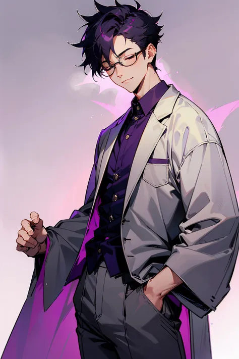 1male, young adult, dark purple, eyes closed, short hair, spikey hair, grey pants, dojo background, slight smile, glasses, stand...