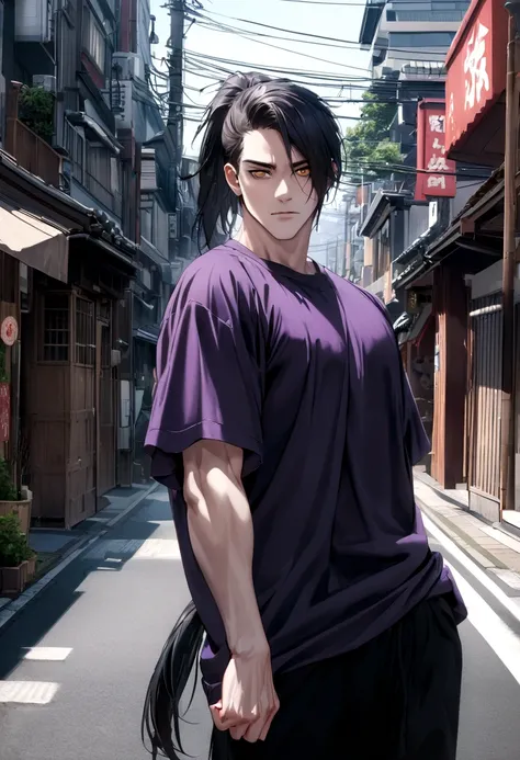 muscular 25 year old man with pale skin, Long black hair, pony tail, and golden eyes like a woman, Wearing black pants, Matte purple oversize t-shirt, japan street background, day time