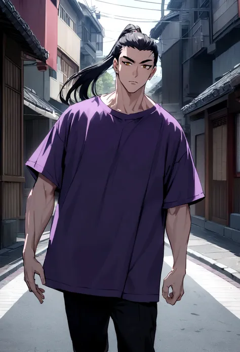 muscular 25 year old man with pale skin, Long black hair, pony tail, and golden eyes like a woman, Wearing black pants, Matte purple oversize t-shirt, japan street background, day time