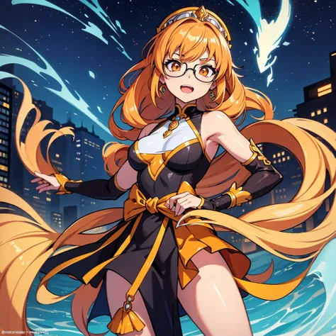 One girl, alone, Go to the river, Orange Hair, Wear glasses on your head, Orange eyes, jewelry, meanwhile, Earrings, View Viewer, Outdoor, crowd, compensate, Magical girl, Twin Drill, Drill Hair, Night City, Open your mouth, Smiley, Projected Inset, tachi-...