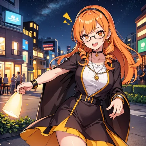 One girl, alone, Go to the river, Orange Hair, Wear glasses on your head, Orange eyes, jewelry, meanwhile, Earrings, View Viewer, Outdoor, crowd, compensate, Magical girl, Twin Drill, Drill Hair, Night City, Open your mouth, Smiley, Projected Inset, tachi-...