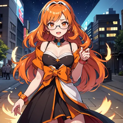 One girl, alone, Go to the river, Orange Hair, Wear glasses on your head, Orange eyes, jewelry, meanwhile, Earrings, View Viewer, Outdoor, crowd, compensate, Magical girl, Twin Drill, Drill Hair, Night City, Open your mouth, Smiley, Projected Inset, tachi-...