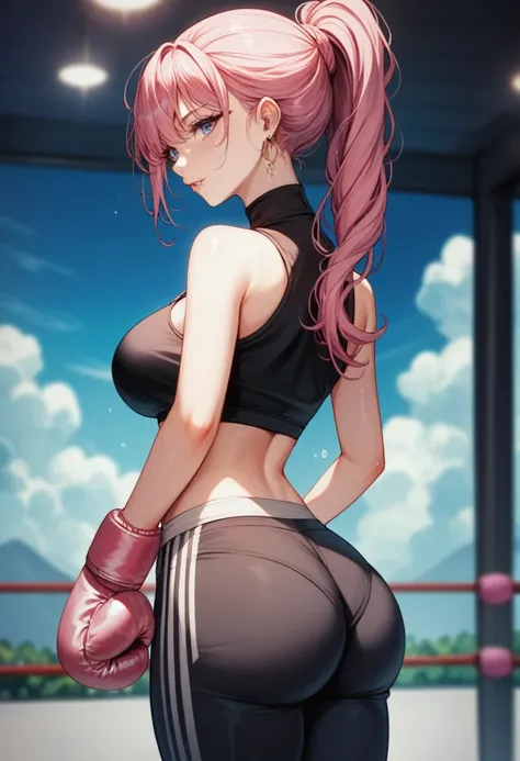  2D anime picture, (anime style 1), single female arrogant boxer, 20 years old, sadistic, Japanese, beautiful long hairstyle, curvy ass, lush breasts, in black high neck crop top, in black short sport pants, in pink boxing gloves стоит возле боксёрском рин...