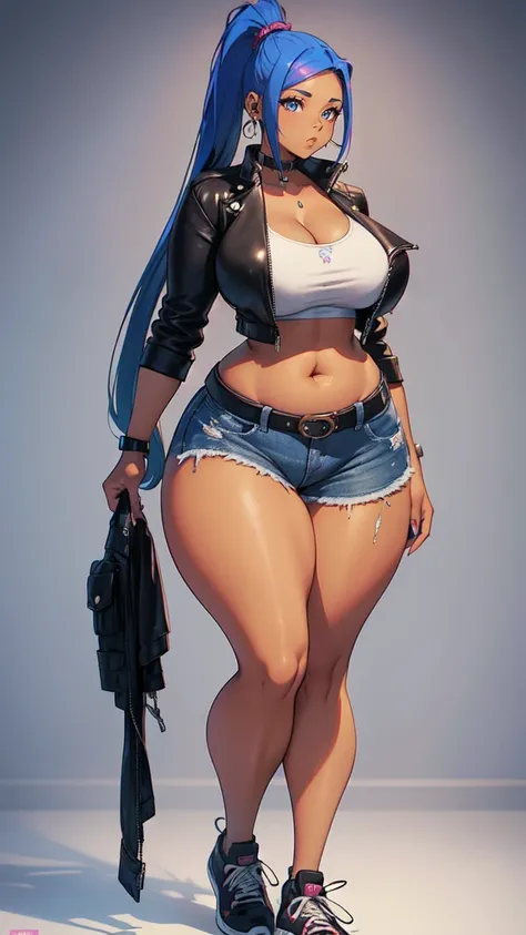 (blank background), (((full body framing))), standing, (masterpiece), (best quality), huge girl, (muscular girl:0.8), (thin hair:1.7), (long blue jeans), massive breast, Mohawk hairstyle:1.4, sport bra, pink hair, dark skin, belt under navel, blunt bangs, ...