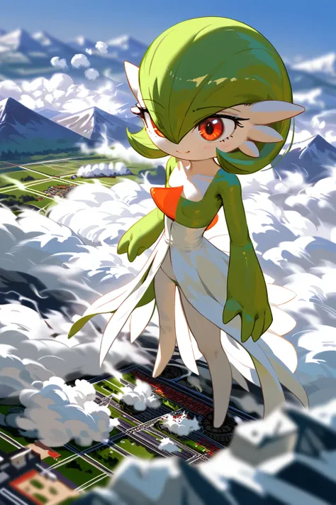 (score_9,score_8,score_7),{{green and white}}, gardevoir, pokemon, macro, high angle, {{standing on the ground}}, standing , continent, mountain, atmosphere, giga size, depth of field, from above, destruction smoke around feet