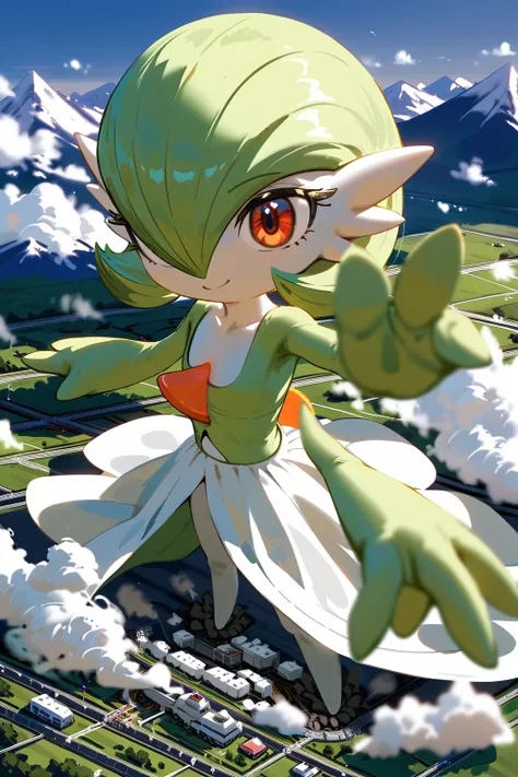 (score_9,score_8,score_7),{{green and white}}, gardevoir, pokemon, macro, high angle, {{standing on the ground}}, standing , continent, mountain, atmosphere, giga size, depth of field, from above, destruction smoke around feet