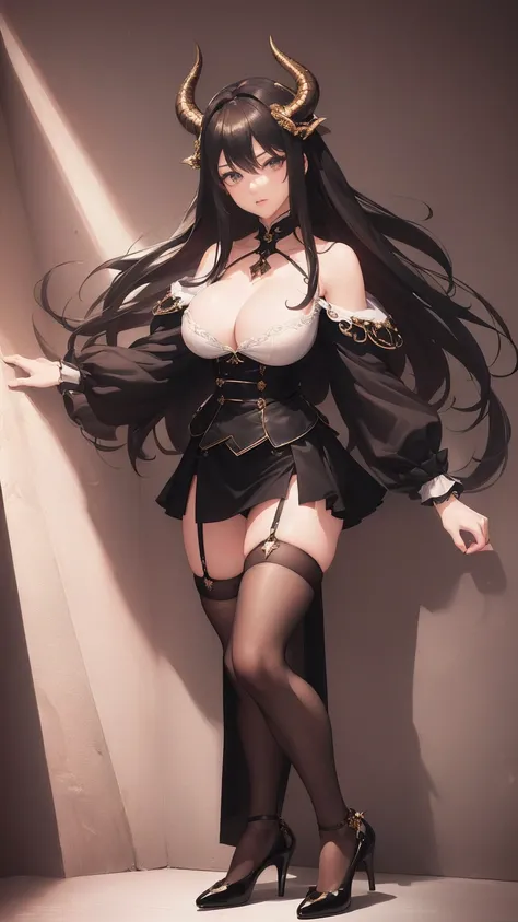 (masterpiece, top quality, best quality, official art, beautiful and aesthetic:1.3), (8k, best quality, masterpiece:1.2),(full body:1.3) (large breasts:1.2), long hair, black thighhighs, high heel, (microskirt:1.1), garter belt, dragons horn,dragons wing,