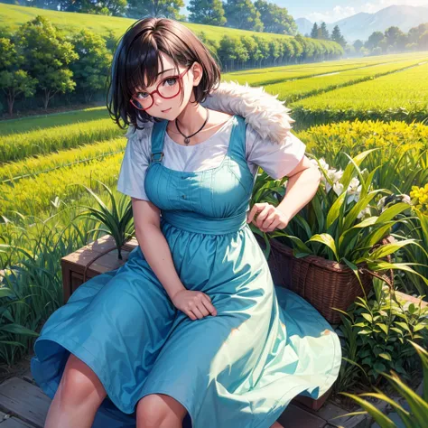 A cute late-teen with short hair and glasses in the middle of a chubby rice field.Plump, wears glasses, only one person, cute, bright, middle-aged, wears a dress.