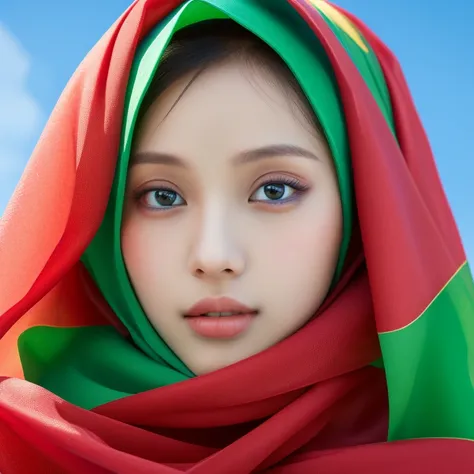 (masterpiece, best quality; 1.3), very detailed, look at the viewer, wearing a blue t-shirt, close up, wearing a Red Hijab, plain green background, beautiful, extraordinarily beautiful face, sky, Highest quality, high resolution.