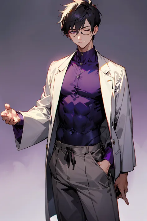 1male, Young Adult, Dark Purple, Eyes Closed, Short Hair, Spikey Hair, Grey Pants, Dojo Background, Slight Smile, Glasses, Standing In City, Detailed background, Dojo Outfit, Lab Coat