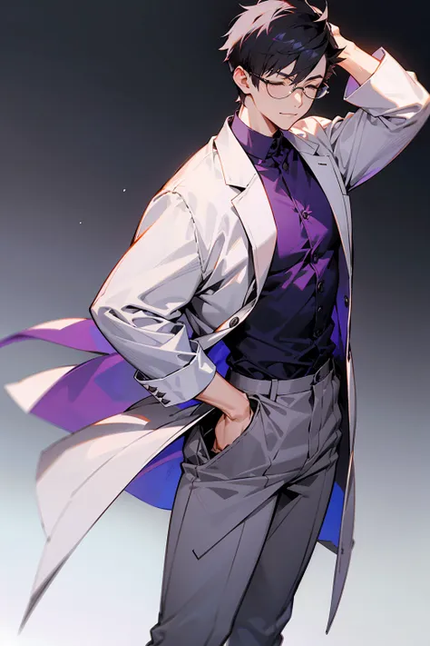 1male, Young Adult, Dark Purple, Eyes Closed, Short Hair, Spikey Hair, Grey Pants, Dojo Background, Slight Smile, Glasses, Standing In City, Detailed background, Dojo Outfit, Lab Coat