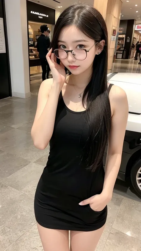 Indonesian girl 20-year-old  Hairstyle Casual, F Cup Breasts with glasses  wearing  casual uptown at mall