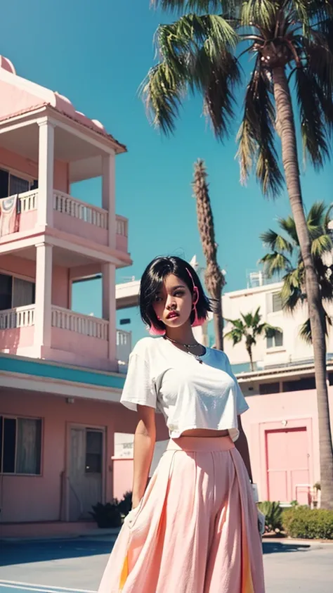 (best quality), (masterpiece), (photorealisti), 1girl, dramatic lighting, (wear white blank over size t-shirt and peach color tennis skirt,black bob hairstyles, ((background 80s architecture colourful motel)),sunny,summer, palm trees, los Angles vibes