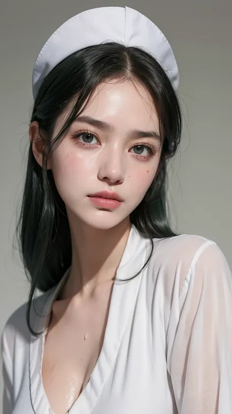 best quality, masterpiece, (lifelike:1.4), 1 17 year old girl, A faint smile, Dark green hair，White nurse uniform，Nipple protrusion，Wet，A lot of sweat，Marks，blushed skin，/Upscale，Height 175cm，Natural beautiful face，slim body，Pure white background，Fair and ...