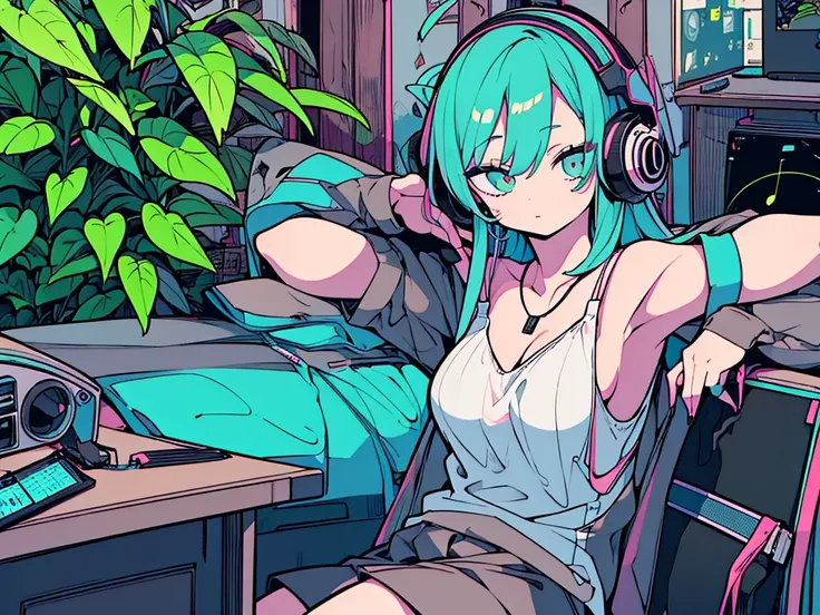 Best quality, (masterpiece:1.2), best detail face,1 girl, big breasts, 18 yo, 8k,absurdres,unity 8k wall paper,(extremely detailed:1.3), highest realistic, (retro headphones:1.1), (soft neon light:1.1), Her room full of music equipment and plants, Leaning ...