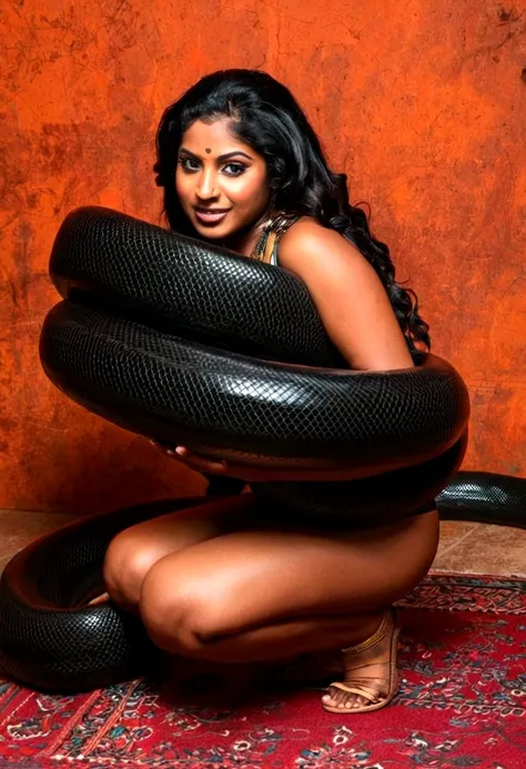  Happy Horny, aroused 1girl), beautiful kneeling indian thick young teen girl  with  giant colossal black titanboa squeezing her hard, wrapped in thick spiraling coils, constricted, struggle, gasping for air, snake attack, snake peril, moonless night, dim ...