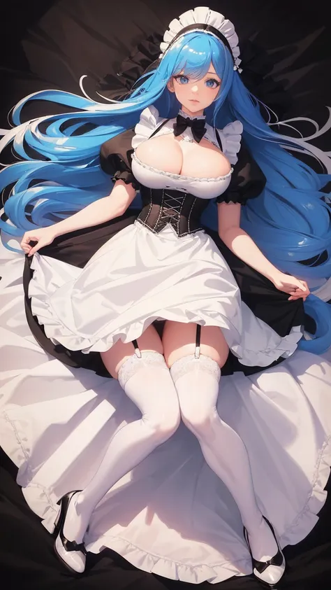 8k, (best quality, masterpiece:1.7), full body, (large breasts:1.2), very long hair, white thighhighs, high heels, (maid dress:1.4), corset, garter belts, blue hair, tall girl,