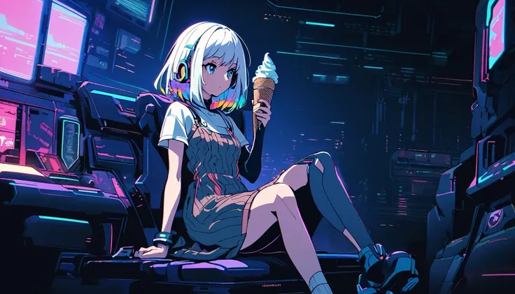 Handsome cute, Solitary, 1 female, Medium Length Hair, white hair, Rainbow hair, blue Eyes, Rainbow headphone, knit dress, Futuristic, Cyberpunk, Cybernetics panoramic, in the lo-fi sunset, looking away, Sitting, eat ice-cream,