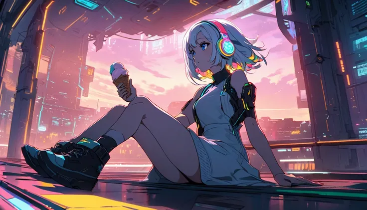 Handsome cute, Solitary, 1 female, Medium Length Hair, white hair, Rainbow hair, blue Eyes, Rainbow headphone, knit dress, Futuristic, Cyberpunk, Cybernetics panoramic, in the lo-fi sunset, looking away, Sitting, eat ice-cream,