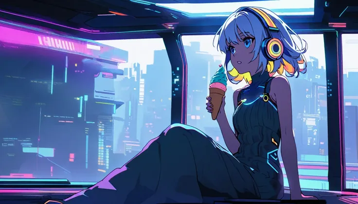 Handsome cute, Solitary, 1 female, Medium Length Hair, white hair, Rainbow hair, blue Eyes, Rainbow headphone, knit dress, Futuristic, Cyberpunk, Cybernetics panoramic, in the lo-fi sunset, looking away, Sitting, eat ice-cream,