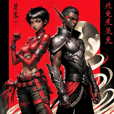 Black skin elf female and elf male, shining red, street clothing, Black and red background, serious face, against on wall, Japanese writing on the edges, written Shangri-La, persona manga style art