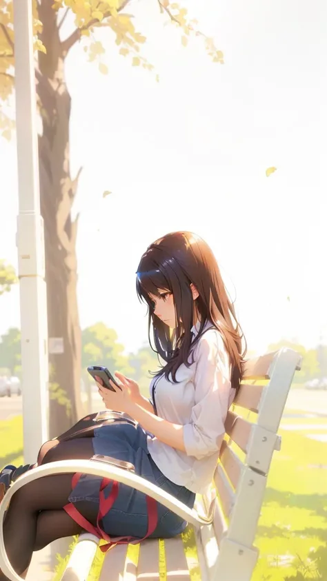 anime girl sitting on a bench looking at her cell phone, anime visual of a cute girl, artwork in the style of guweiz, ( ( makoto shinkai ) ), anime. soft lighting, realistic anime 3 d style, makoto shinkai style, makoto shinkai art style, in style of makot...