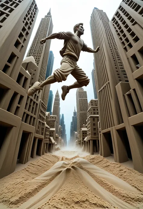 sand sculpture style,  hero jumping between cities，color，high-rise buildings，strong sense of déjà vu