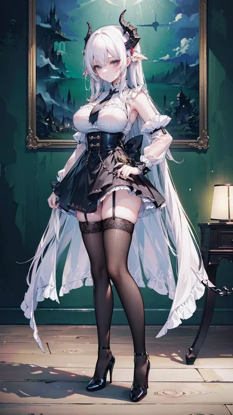 (masterpiece, top quality, best quality, official art, beautiful and aesthetic:1.3), (8k, best quality, masterpiece:1.2),(full body:1.3) (large breasts:1.2), long hair, black thighhighs, high heel, (microskirt:1.1), garter belt, dragons horn,dragons wing,
