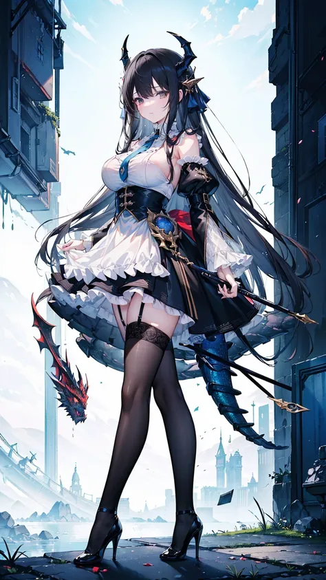 (masterpiece, top quality, best quality, official art, beautiful and aesthetic:1.3), (8k, best quality, masterpiece:1.2),(full body:1.3) (large breasts:1.2), long hair, black thighhighs, high heel, (microskirt:1.1), garter belt, dragons horn,dragons wing,
