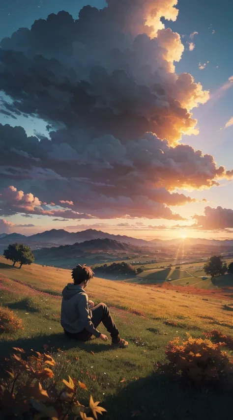 a boy sitting on a cloudy autumn meadow, viendo un vasto cielo, hiervas altas, cielo nublado, makoto shinkai cyril rolando, Fondo de pantalla de arte anime 4k, Fondo de pantalla de arte anime 4K, fondo animado, fondo de pantalla de arte anime 8 K, fondo an...