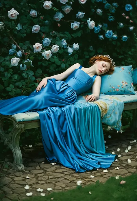 arafed woman in a blue dress laying on a bench in a garden, monia merlo, persephone in spring, fine art fashion photography, ophelia, inspired by Arthur Hughes, miss aniela, inspired by John Collier, by Galen Dara, enchanted dreams. instagram, inspired by ...