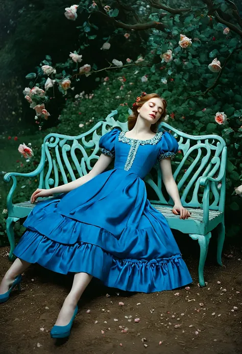 arafed woman in a blue dress laying on a bench in a garden, monia merlo, persephone in spring, fine art fashion photography, ophelia, inspired by Arthur Hughes, miss aniela, inspired by John Collier, by Galen Dara, enchanted dreams. instagram, inspired by ...