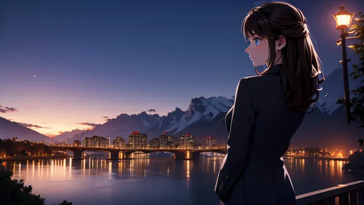 1 girl, medium light brown hair, light blue eyes, wearing black suit, night city, absurdres, high res, ultrasharp, 8K, masterpiece, looking from behind