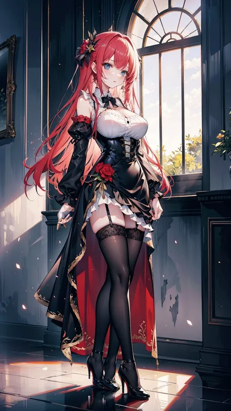 (masterpiece, top quality, best quality, official art, beautiful and aesthetic:1.2), 8k, (best quality, masterpiece:1.3), full body, (large breasts:1.2), very long hair, (black thighhighs:1.5), high heels, (long dress:1.4), corset, garter belts, red hair, ...