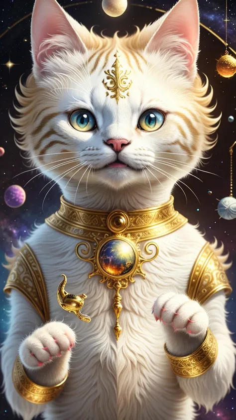 1 animal, space background, ivory gold AI psychedelic magic, cat, clean, bright, smile, god