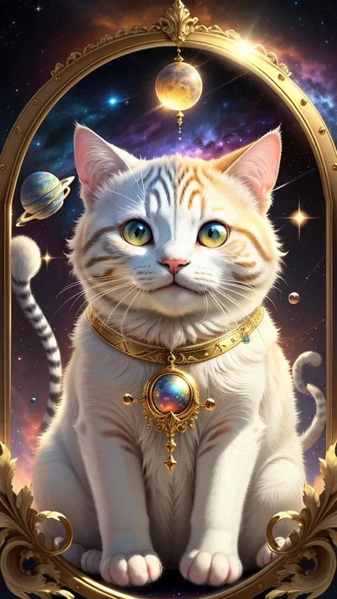 1 animal, space background, ivory gold AI psychedelic magic, cat, clean, bright, smile, god